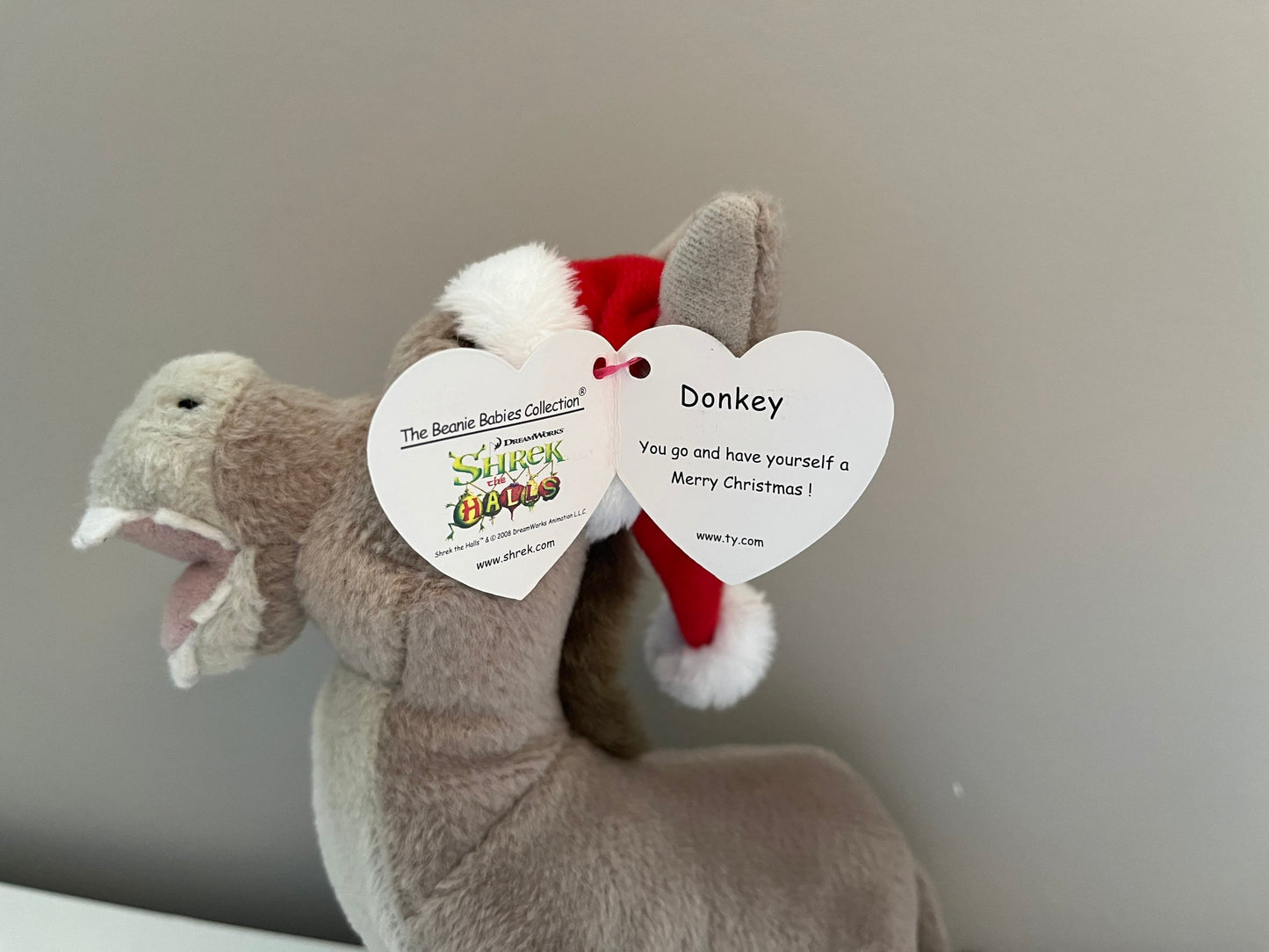 Ty Beanie Baby “Donkey” the Donkey  wearing Santa Hat from Shrek the Halls - Shrek DVD Exclusive (7 inch)