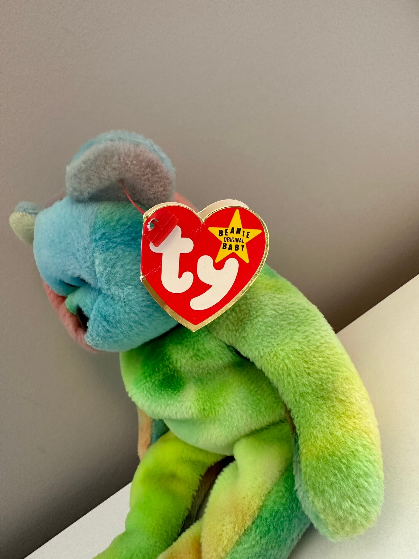 Ty Beanie Baby “Garcia” the Tie-Dye Bear - Actual Colours Shown -green all over! Creased Tag! *Rare* (8.5 inch)