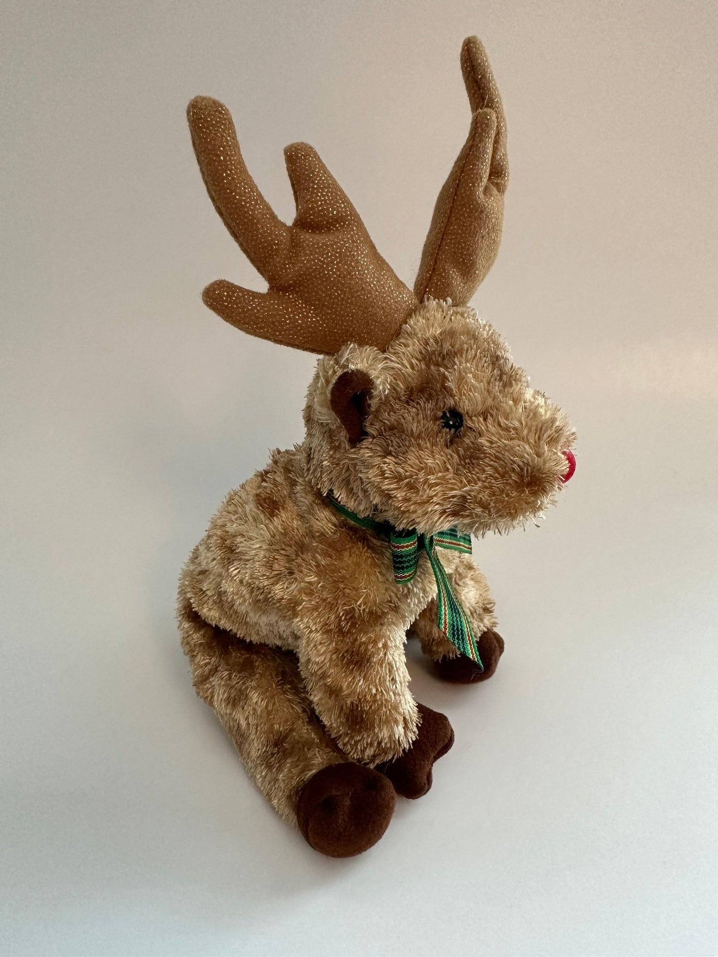 Ty Beanie Baby “Rudy” the Reindeer wearing green plaid scarf (6.5 inch)