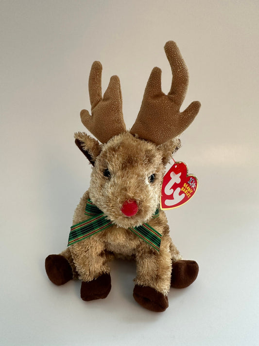 Ty Beanie Baby “Rudy” the Reindeer wearing green plaid scarf (6.5 inch)