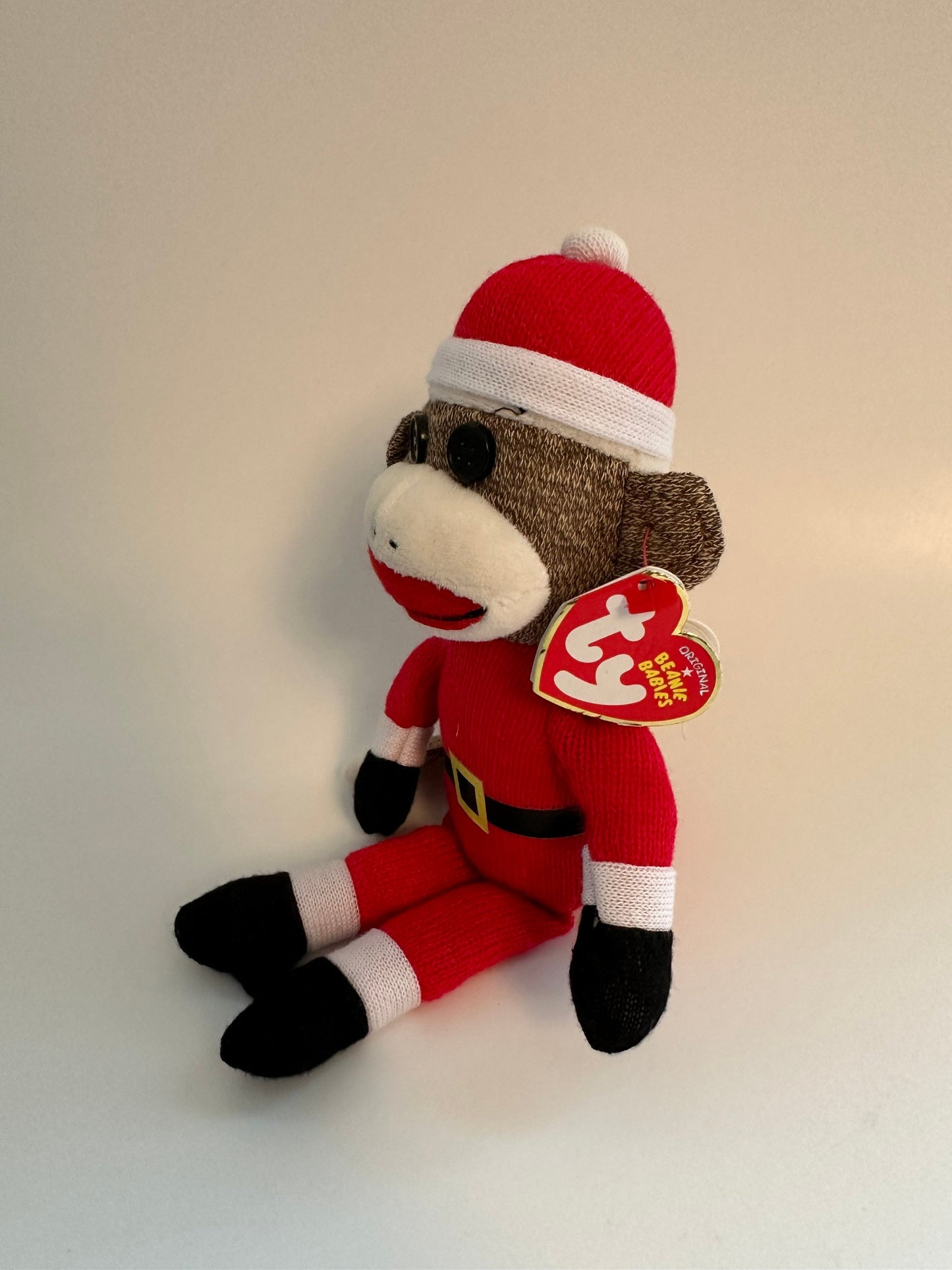 Ty Beanie Baby “Socks” Sock Monkey Wearing Santa Suit (8.5 inch)