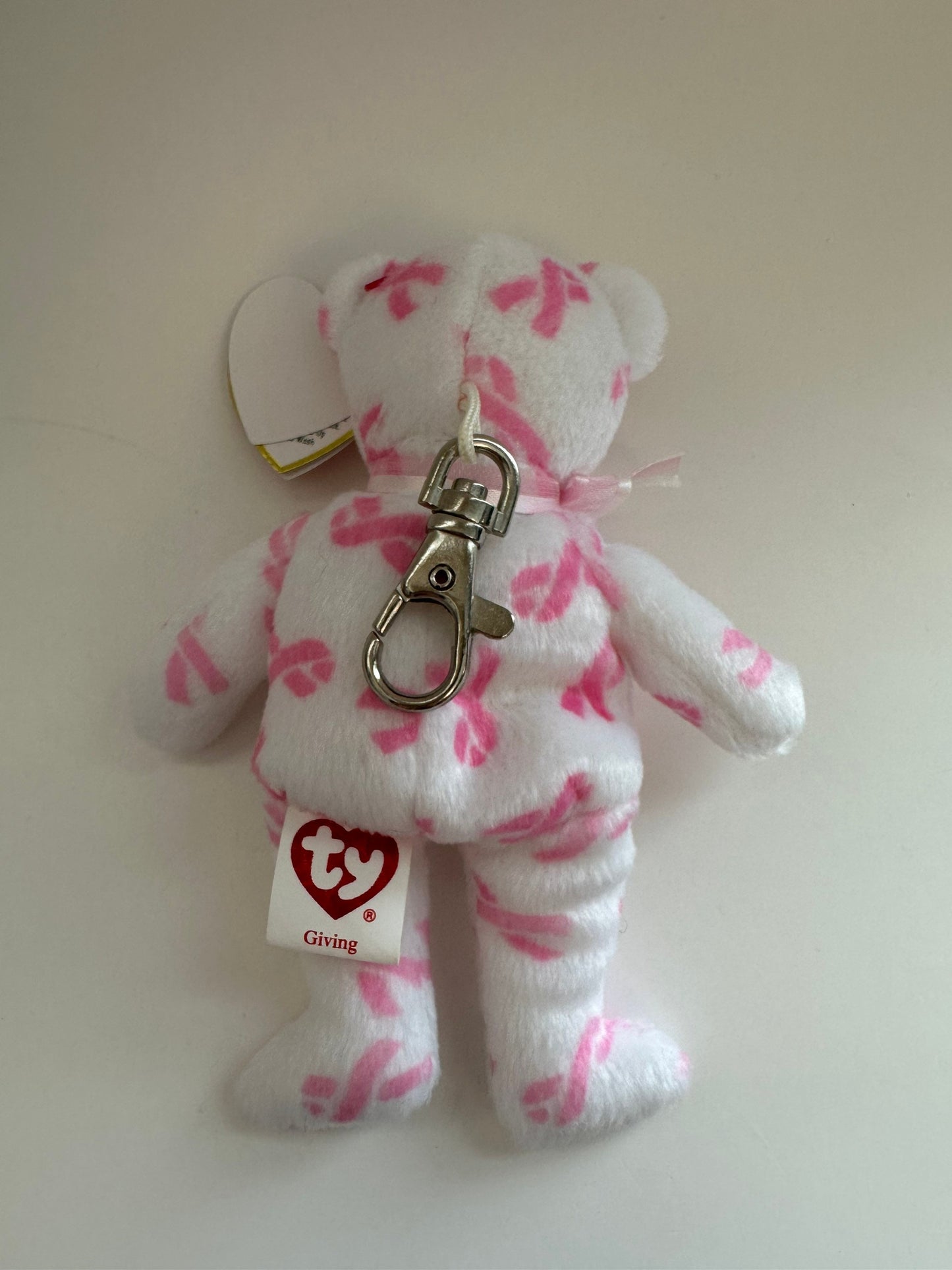 Ty Key Clip Beanie Baby “Giving” the Cancer Support Bear -  Metal Keychain (4 inch)