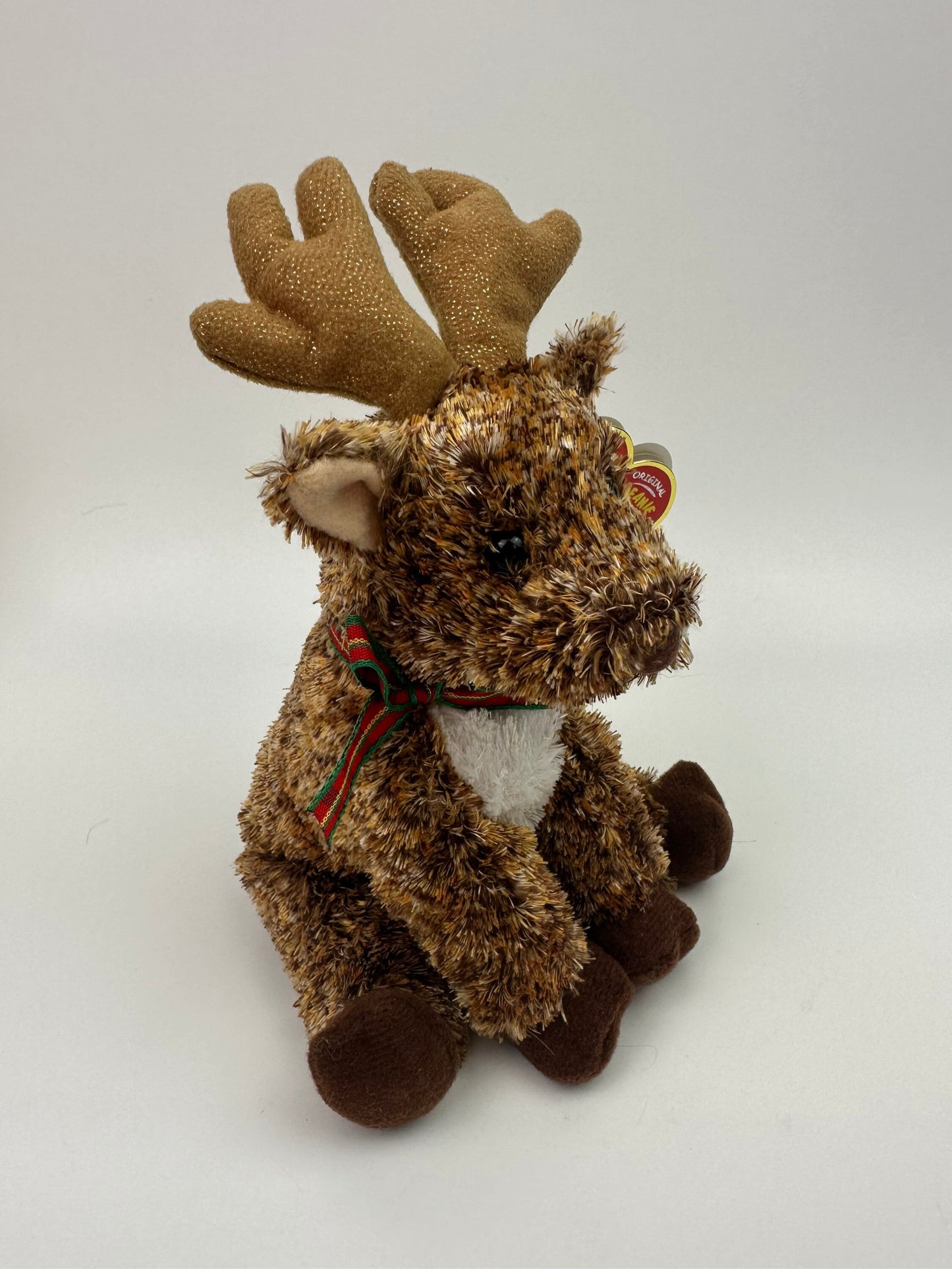 Ty Beanie Baby “Rooftop” the Christmas Reindeer wearing red and green plaid scarf (7 inch)