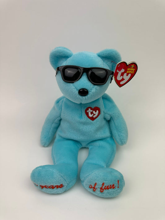 Ty Beanie Baby “Summertime Fun” Colourful Sunglasses Bear, Blue New York Version! Trade Show Exclusive! *Rare* (8.5 inch)