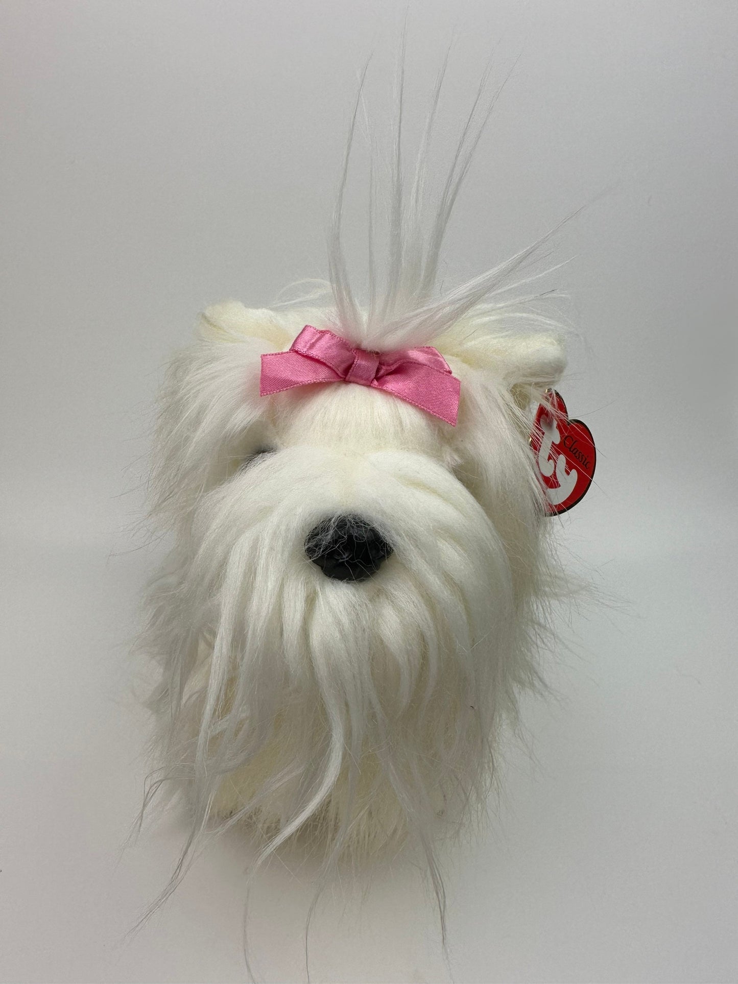 Ty Classics Collection “Foofie” the Fluffy White and Grey Maltese Puppy Dog with Pink Bow (12 inch)