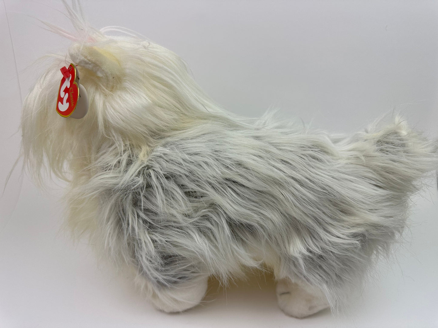 Ty Classics Collection “Foofie” the Fluffy White and Grey Maltese Puppy Dog with Pink Bow (12 inch)