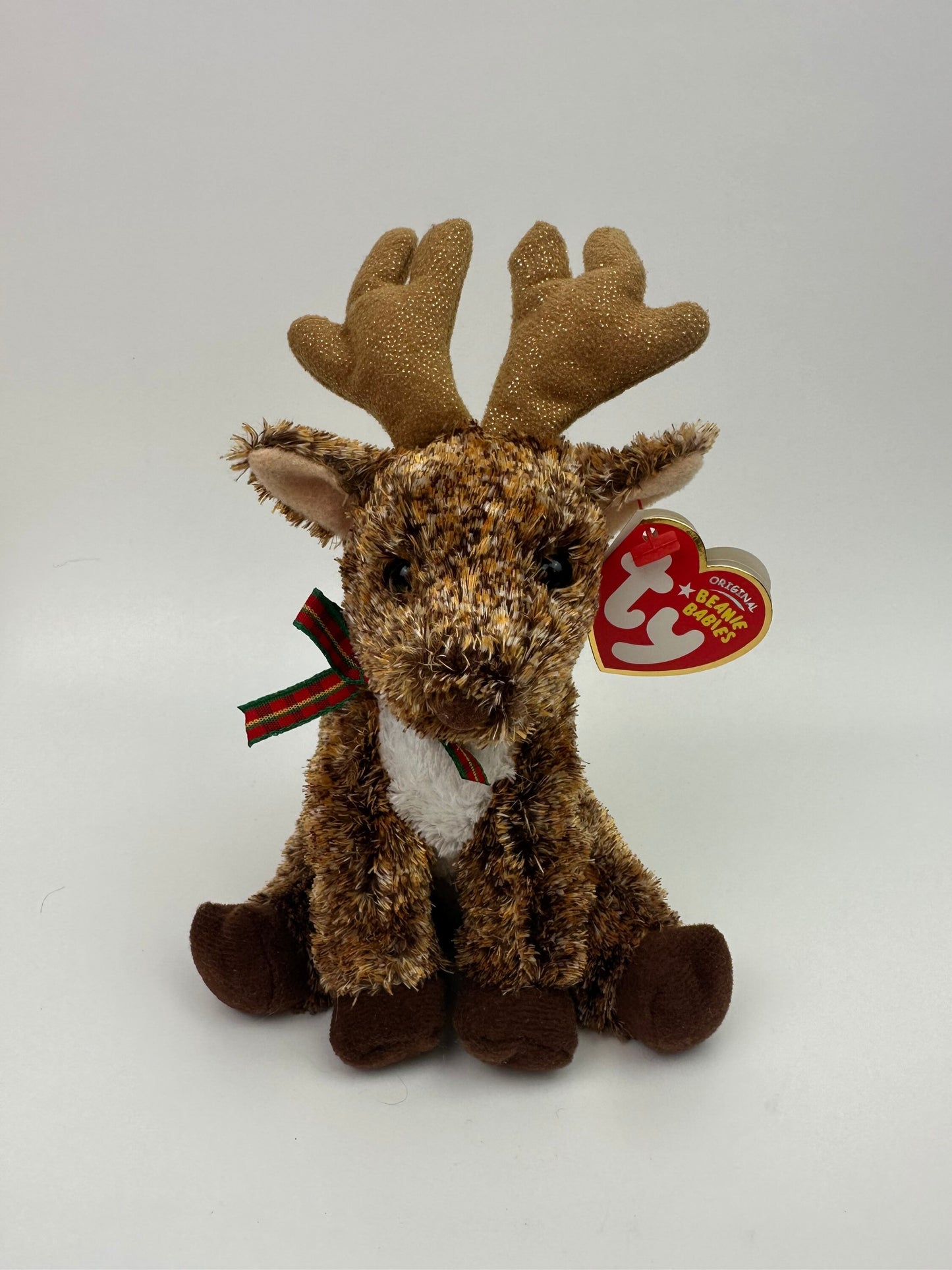 Ty Beanie Baby “Rooftop” the Christmas Reindeer wearing red and green plaid scarf (7 inch)