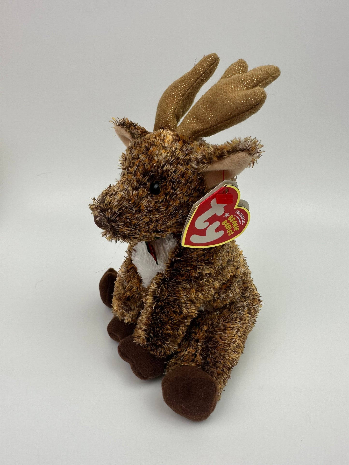 Ty Beanie Baby “Rooftop” the Christmas Reindeer wearing red and green plaid scarf (7 inch)