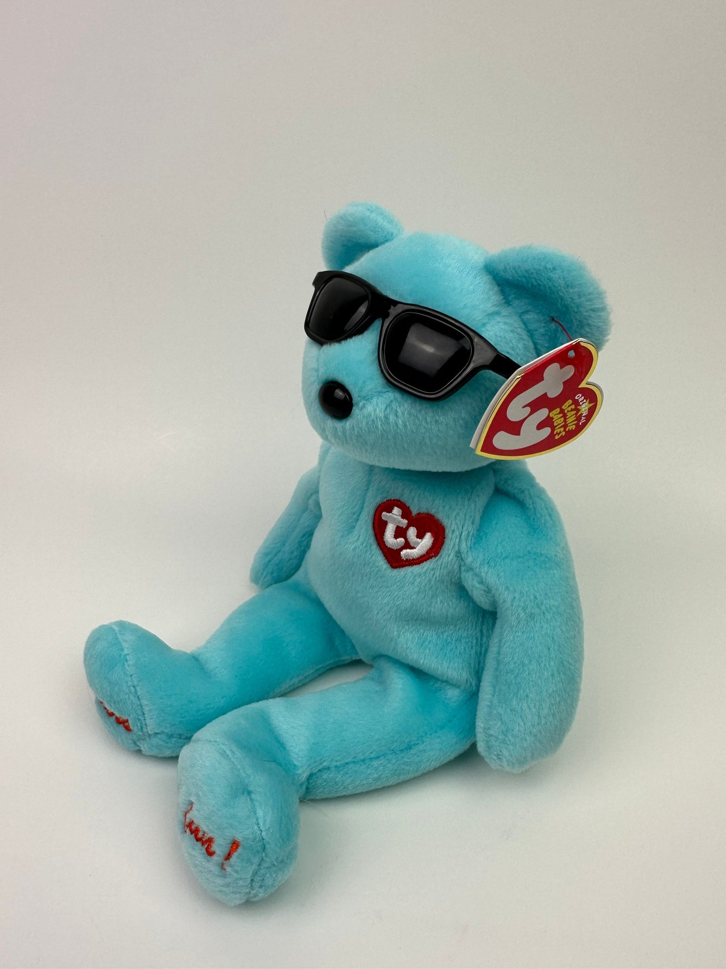 Ty Beanie Baby “Summertime Fun” Colourful Sunglasses Bear, Blue New York Version! Trade Show Exclusive! *Rare* (8.5 inch)