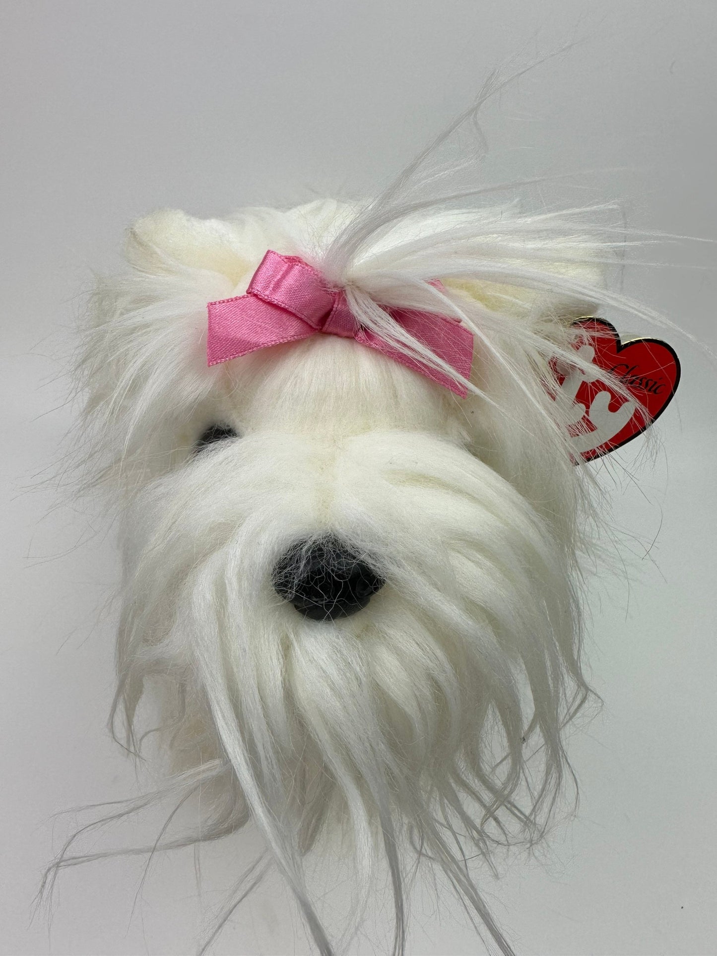 Ty Classics Collection “Foofie” the Fluffy White and Grey Maltese Puppy Dog with Pink Bow (12 inch)