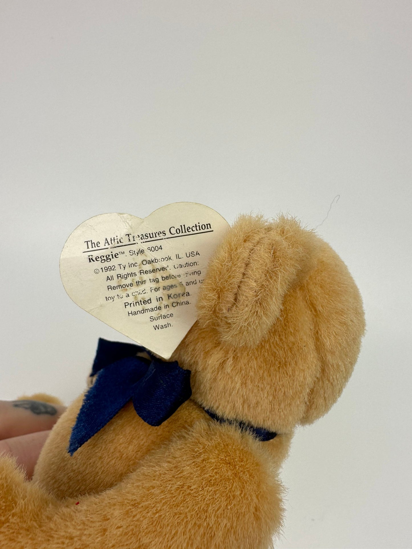 Ty Attic Treasures Collection “Reggie” the Bear with Blue Bow - 1st Gen, Damaged Tag *Rare* (6 inch)