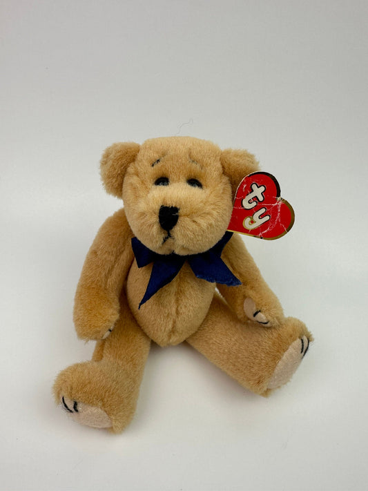 Ty Attic Treasures Collection “Reggie” the Bear with Blue Bow - 1st Gen, Damaged Tag *Rare* (6 inch)