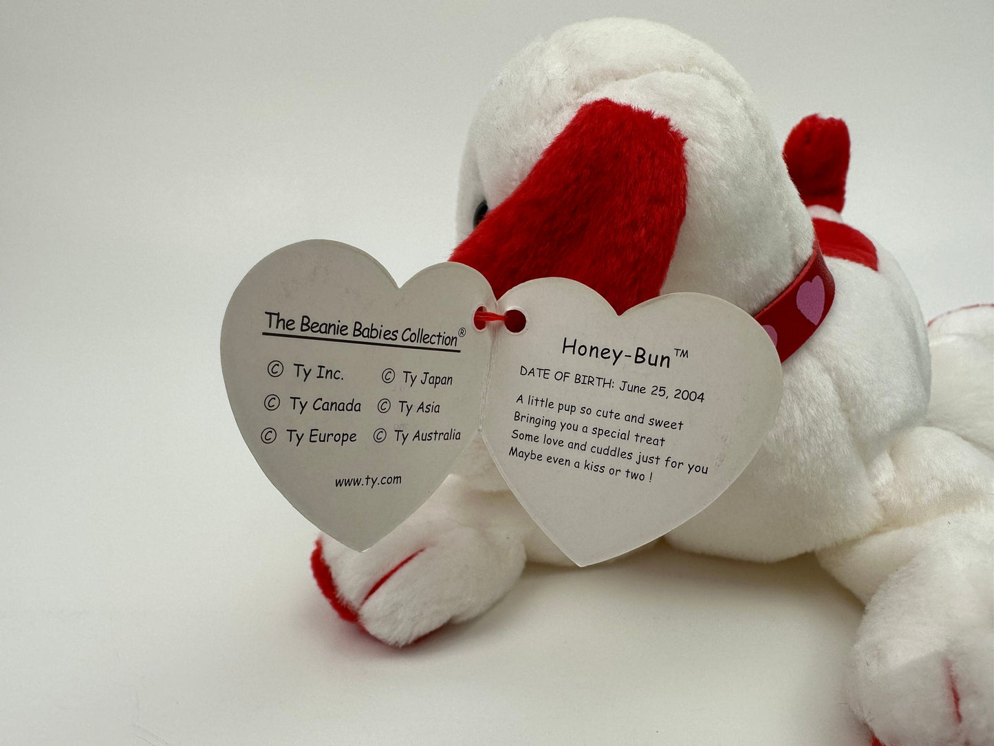 Ty Beanie Baby Honey-Bun the White and Red Love Dog! (7 inch)