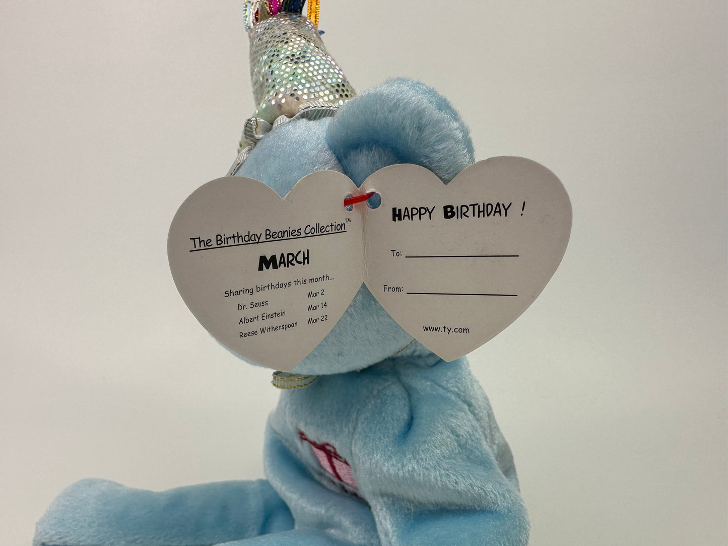 Ty Beanie Baby “Happy Birthday” the March Birthday Bear Wearing a Party Hat! (8.5 inch)