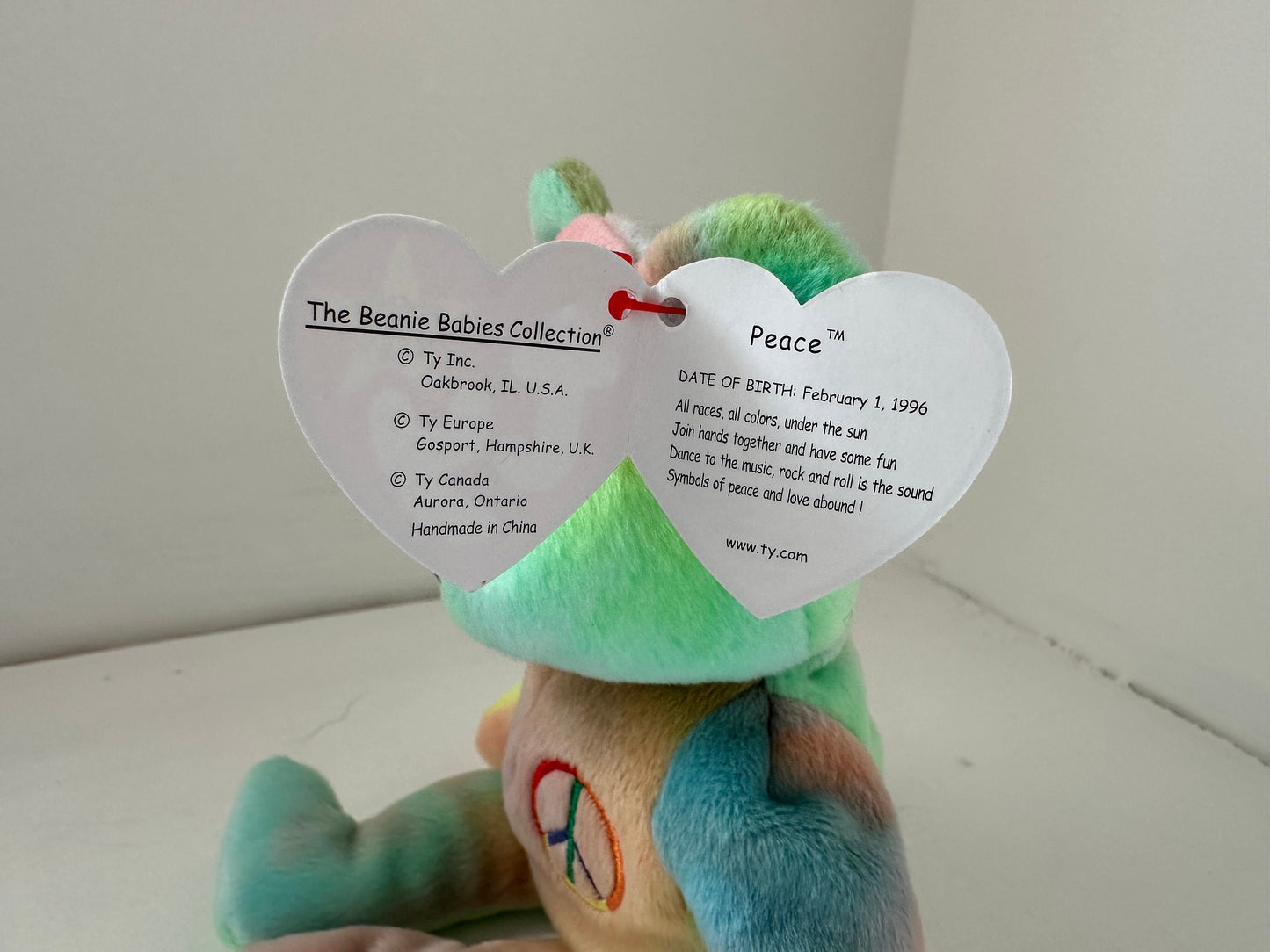 Ty Beanie Baby Peace the Tie-Dye Bear - Canadian Tush Tag!  Stamp # 115 inside Tush Tag *Actual colours shown* (8.5 inch)