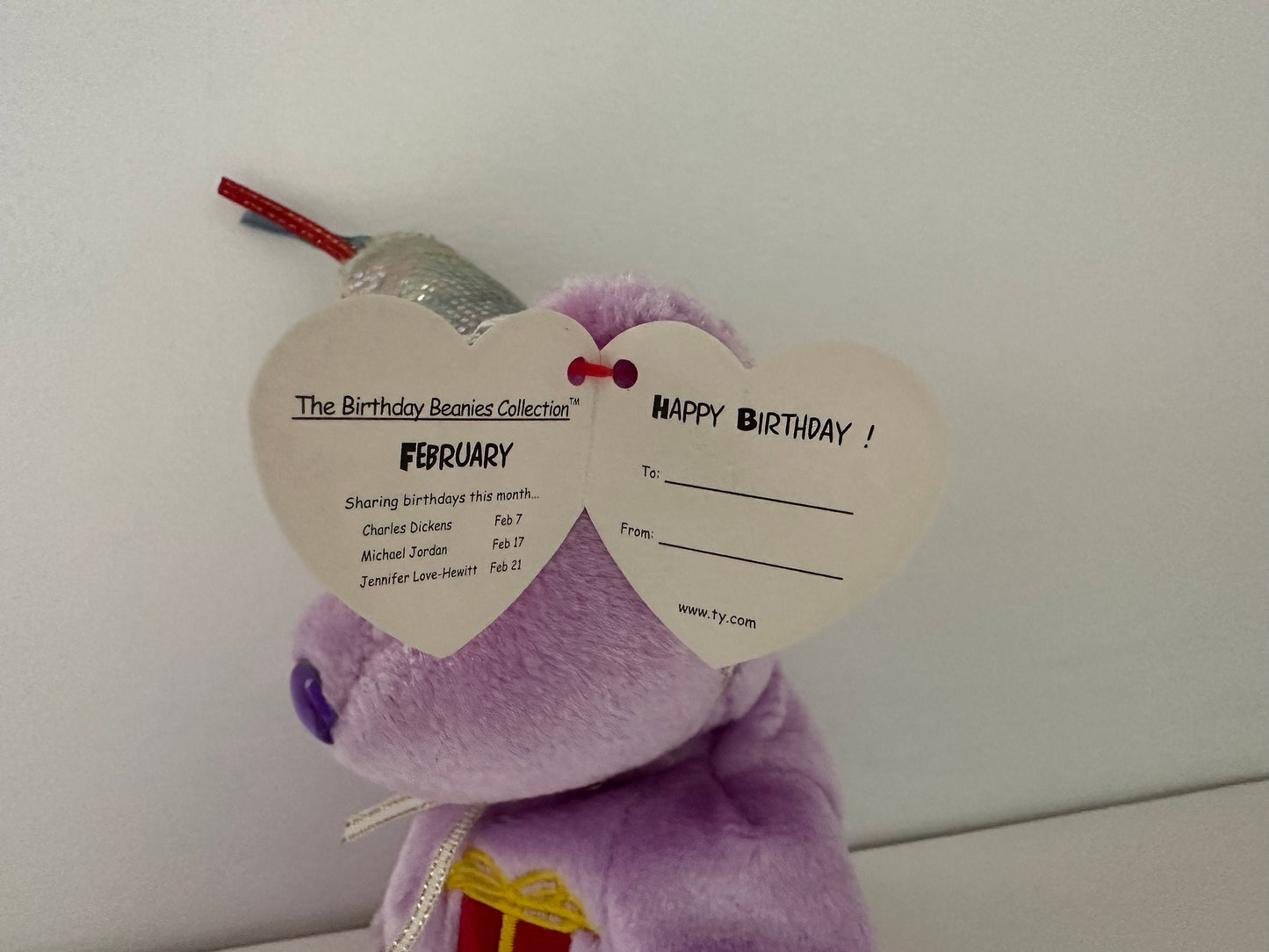 Ty Beanie Baby “Happy Birthday” the February Birthday Bear Wearing a Party Hat! (8.5 inch)