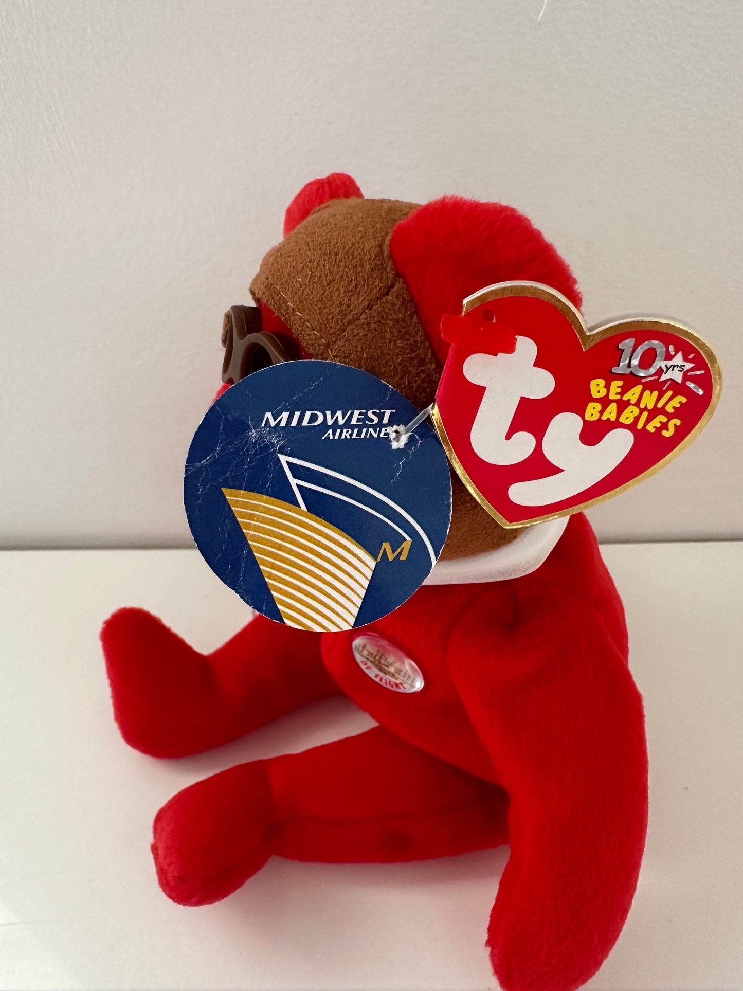 Ty Beanie Baby “Bearon” the Red Bear with Rare Midwest Airlines Extra Tag! (8.5 inch)