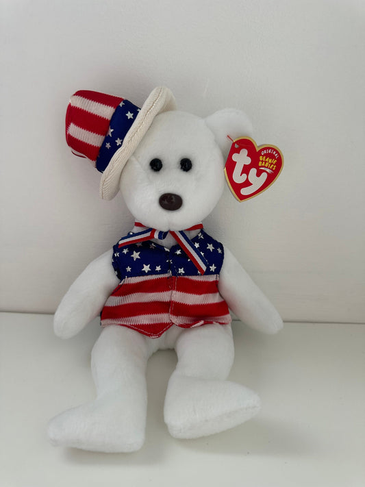 Ty Beanie Baby “Sam” the White American Bear with Patriotic Hat! (8.5 inch)