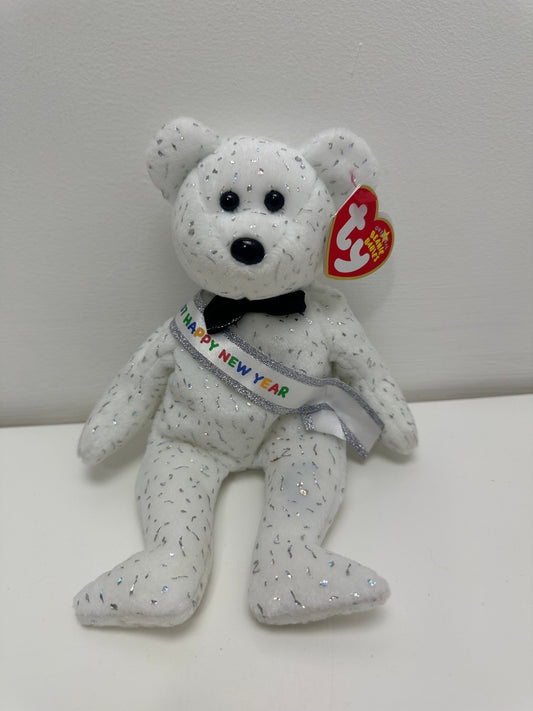 Ty Beanie Baby New Years Bear  Wearing Happy New Year Banner (8.5 inch)