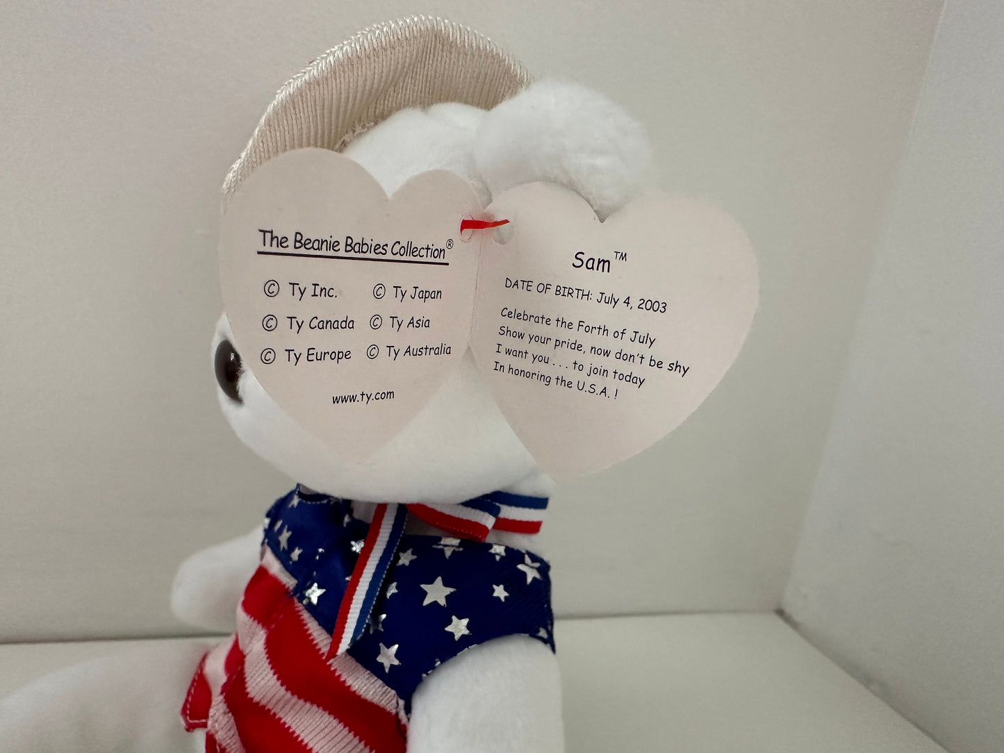 Ty Beanie Baby “Sam” the White American Bear with Patriotic Hat! (8.5 inch)