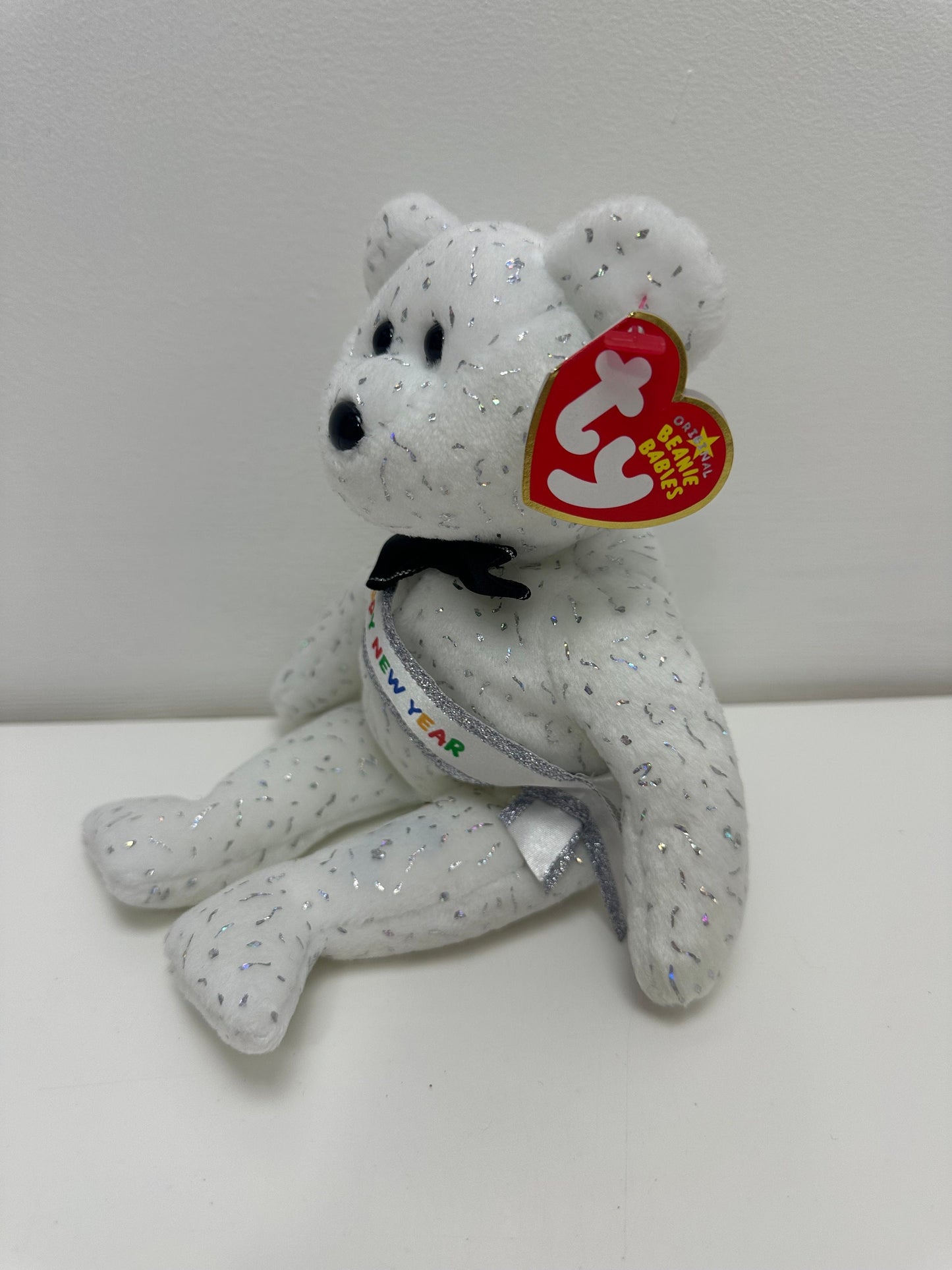 Ty Beanie Baby New Years Bear  Wearing Happy New Year Banner (8.5 inch)