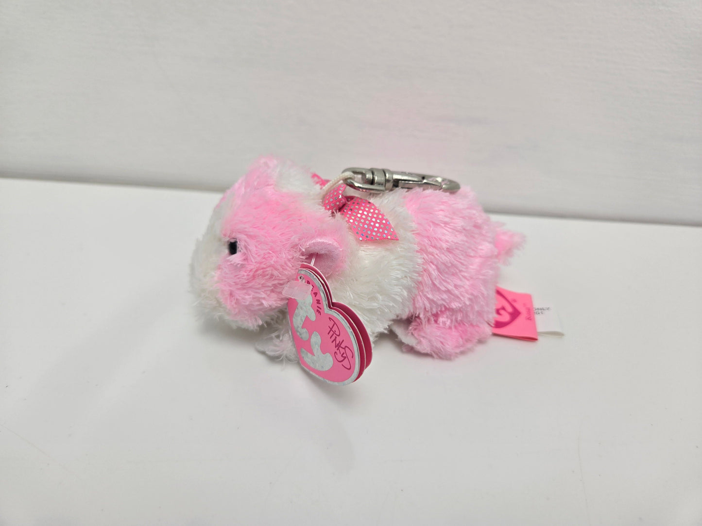 Ty *Keychain* Beanie Baby “Rosa” the Pink Guinea Pig - SMALL Metal Key Clip (4 inch)