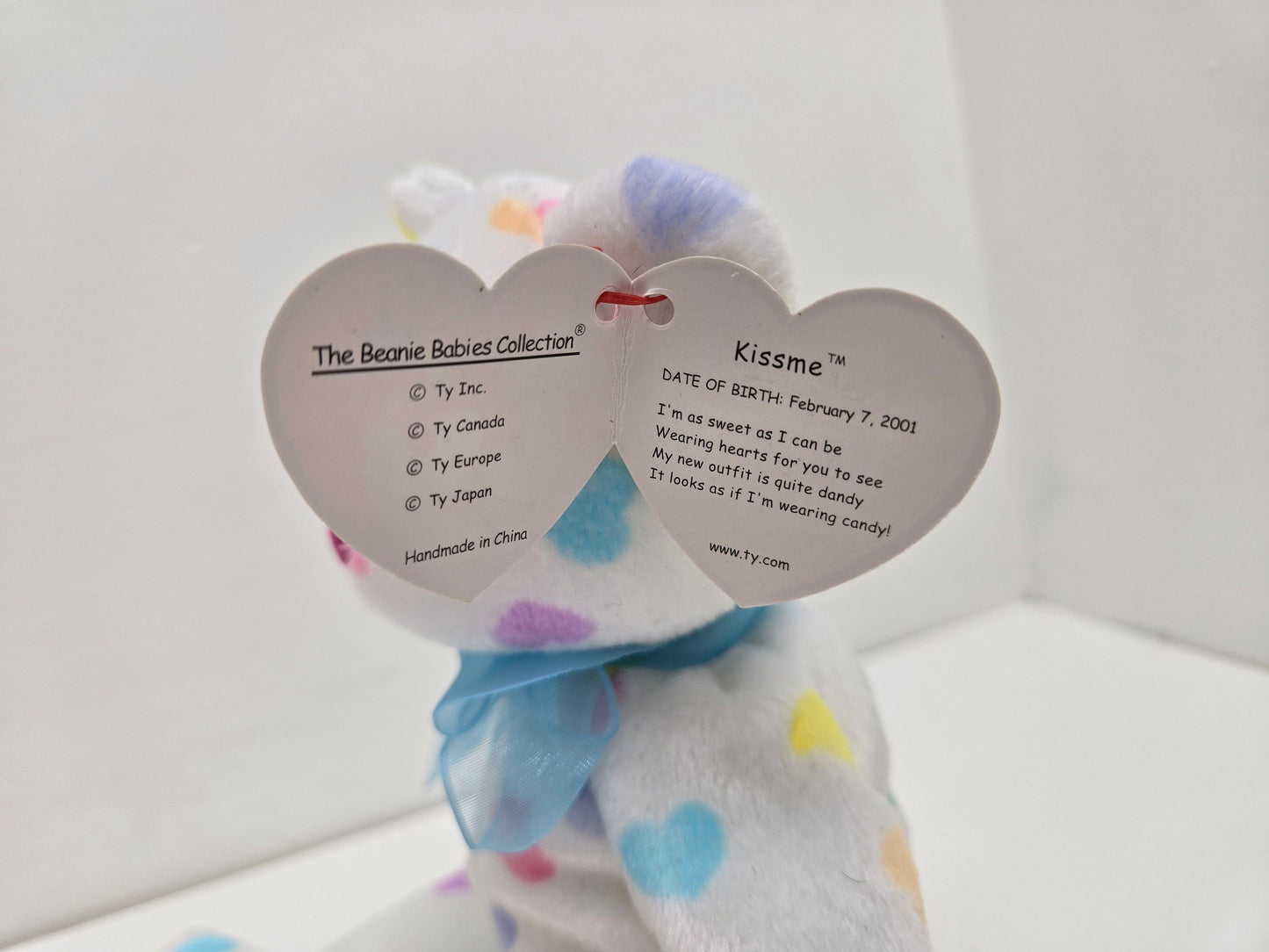 Ty Beanie Baby “Kiss me” the Bear  with multi coloured hearts (8.5 inch)