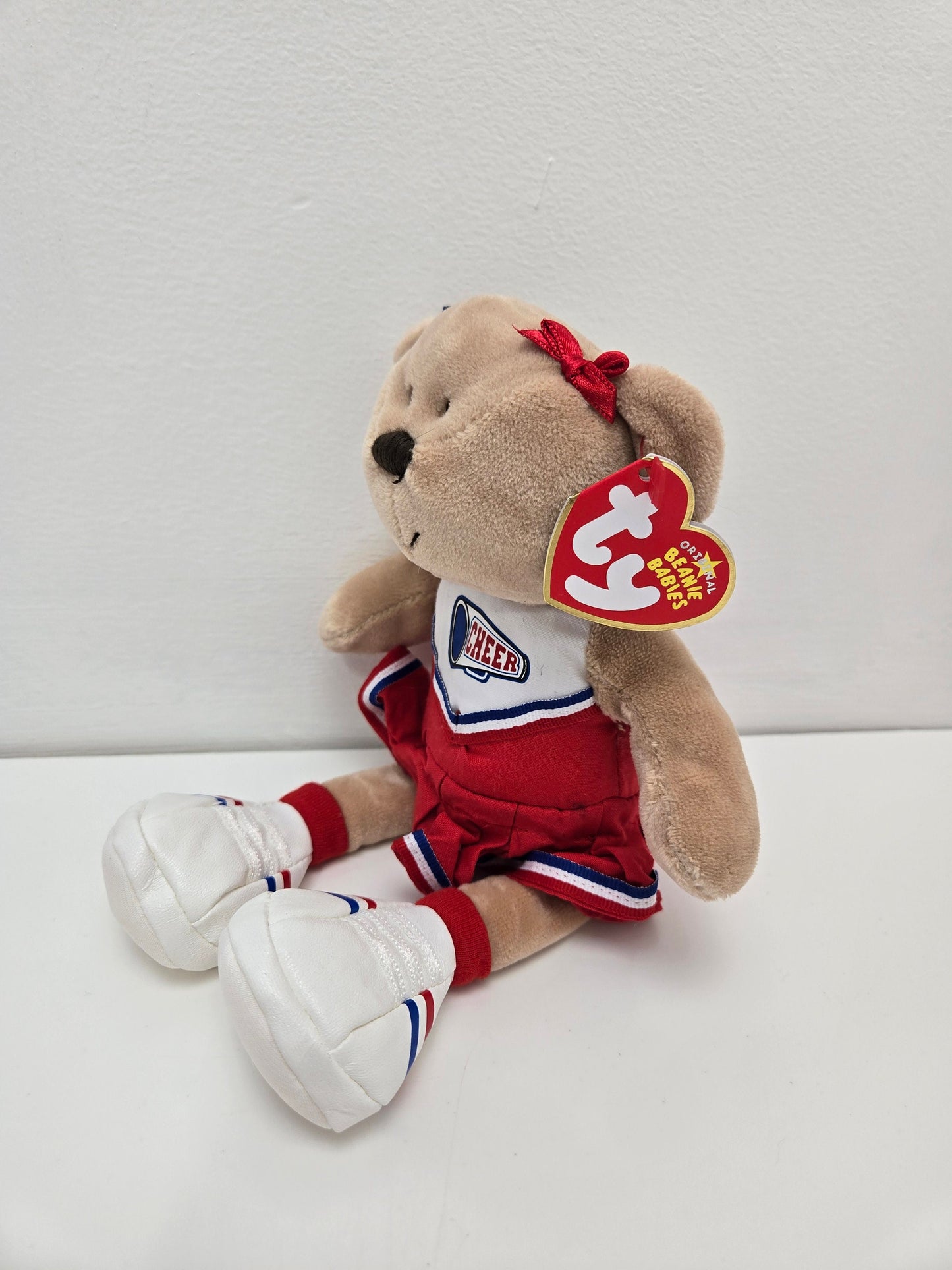 Ty Beanie Baby “Pompoms” the Cheerleader Bear wearing a cheer outfit  (8.5 inch)