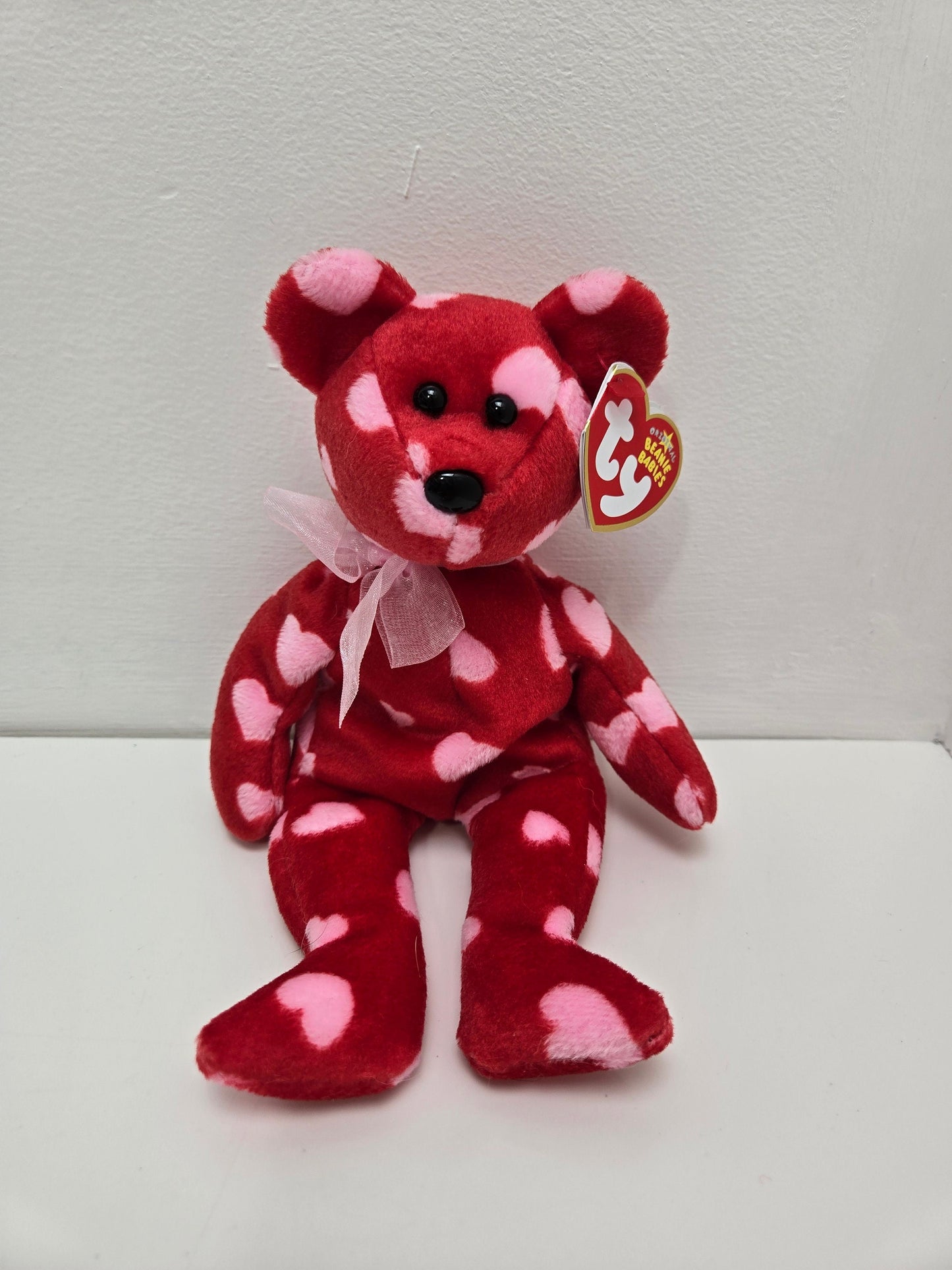 Ty Beanie Baby “Little Kiss” the Love Bear - Red Bear with Pink Hearts  (8.5 inch)