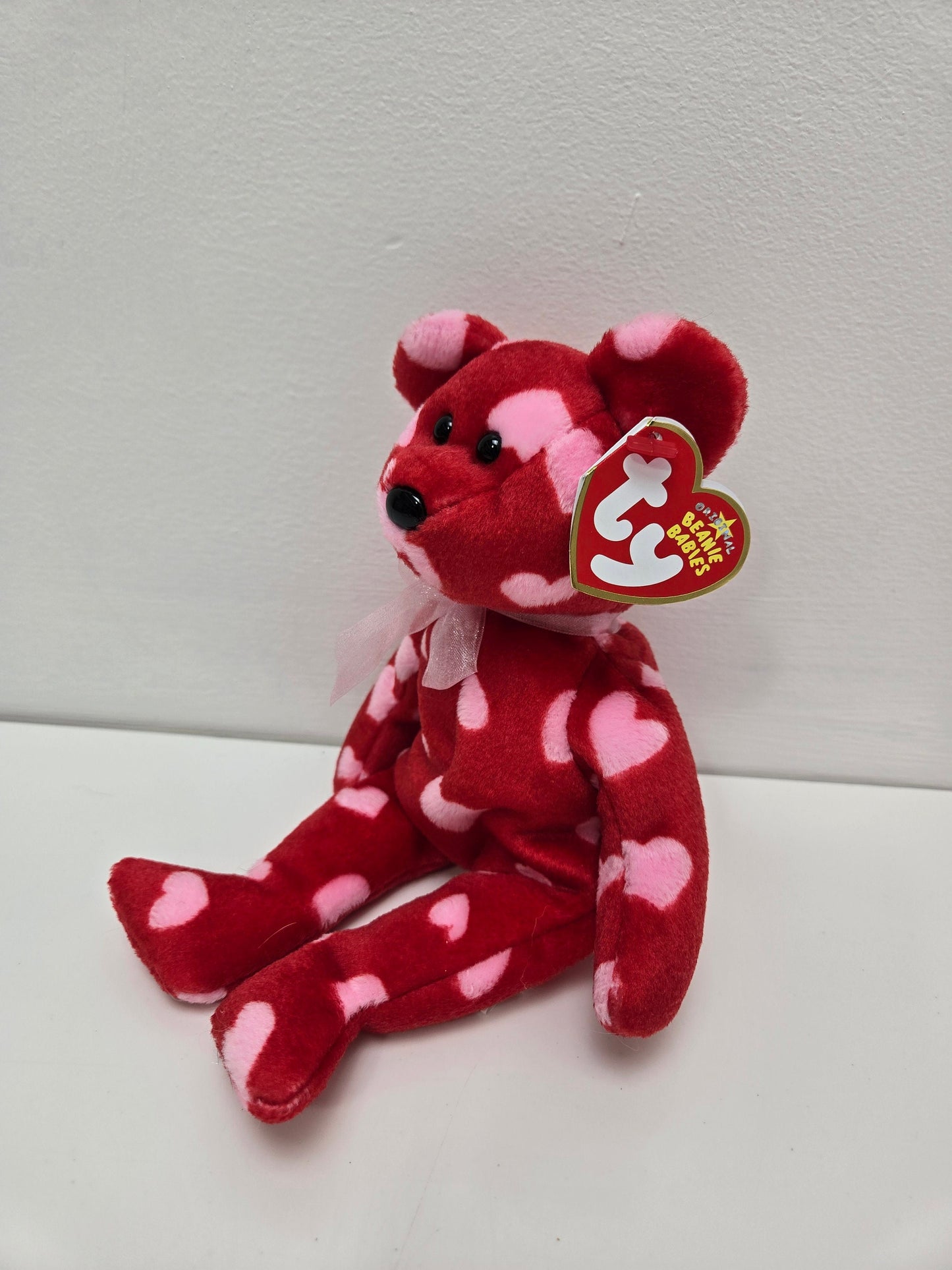 Ty Beanie Baby “Little Kiss” the Love Bear - Red Bear with Pink Hearts  (8.5 inch)