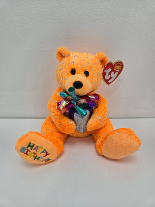 Ty Beanie Baby Orange “Happy Birthday” Bear Holding Present (7.5 inch)