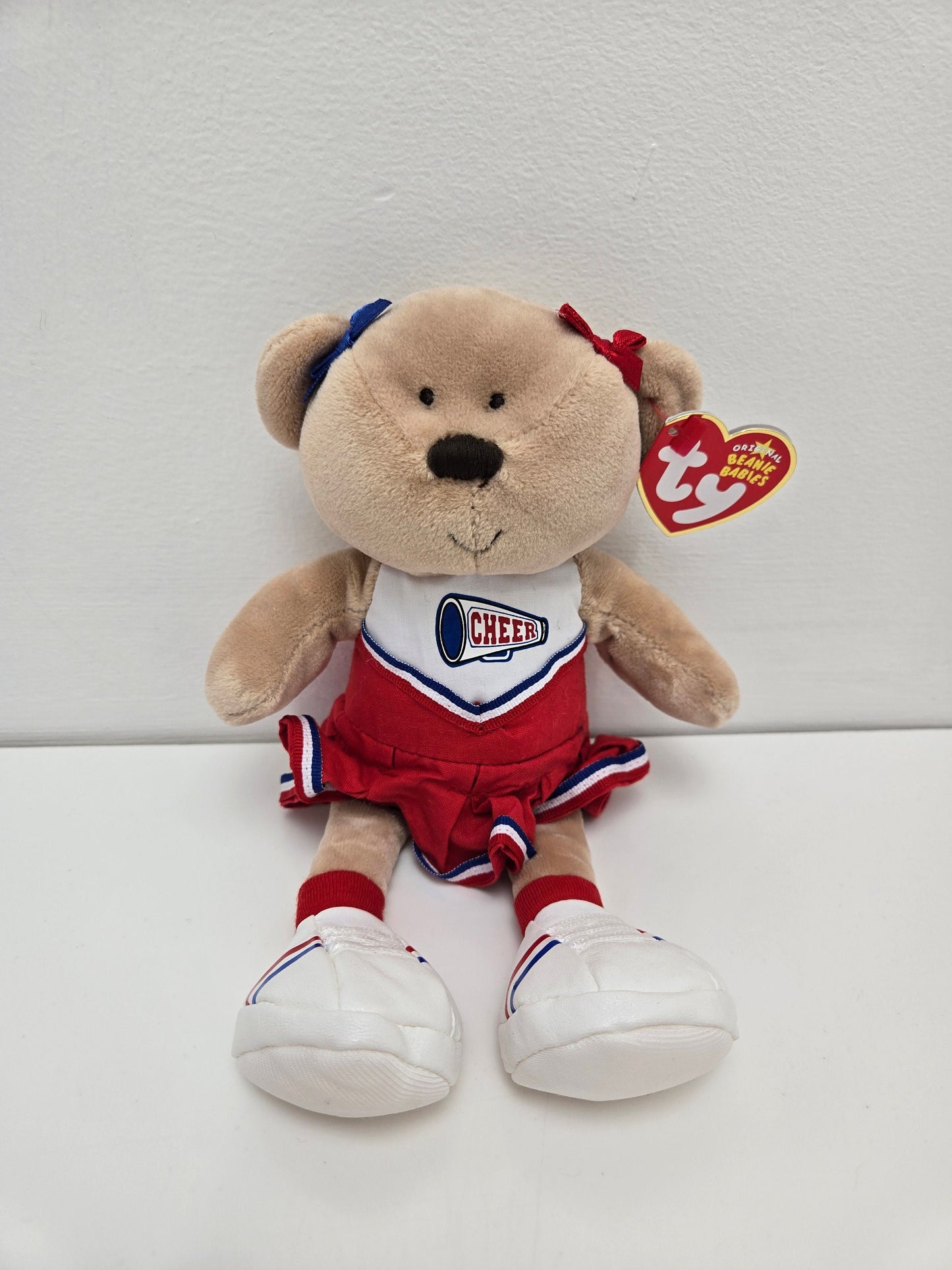 Ty Beanie Baby “Pompoms” the Cheerleader Bear wearing a cheer outfit  (8.5 inch)