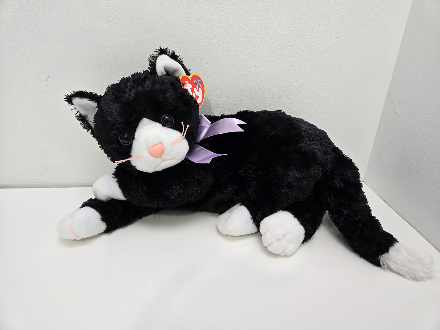 Ty Beanie Buddy “Booties” the Black and White Cat with Purple Bow (13 inch)