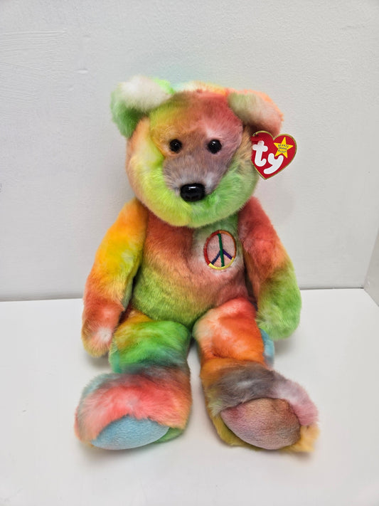 Ty Beanie Buddy “Peace” the Tie-Dye Bear  - Bright version *Exact Colours Vary (14 inch)