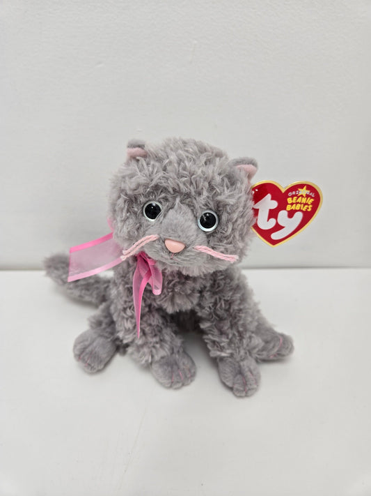 Ty Beanie Baby “Fluff” the Grey Cat  with Pink Bow (7 inch)