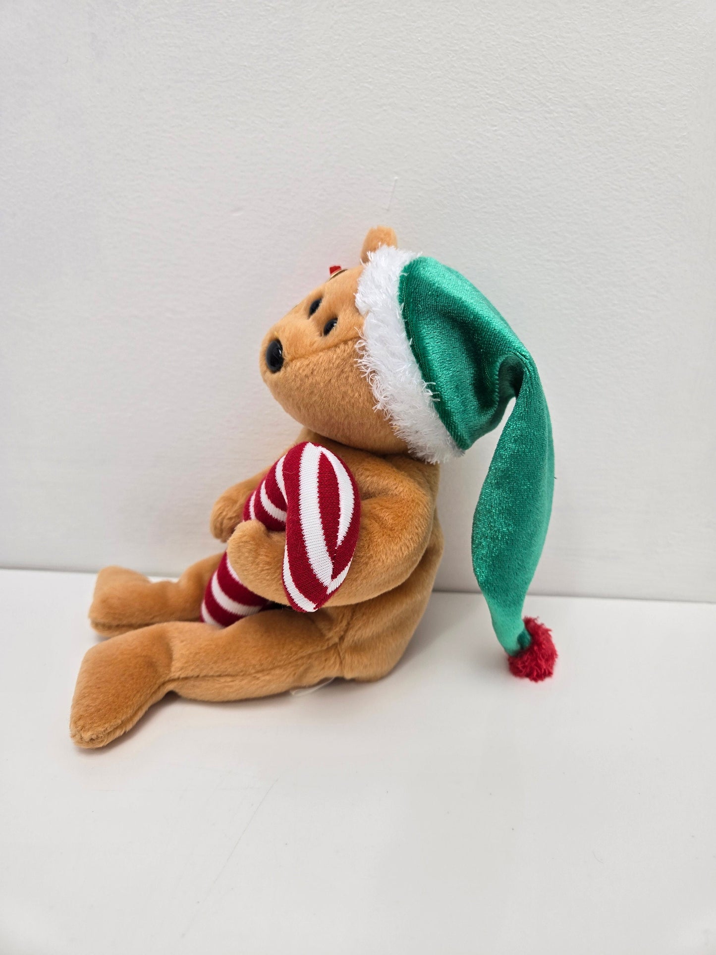 Ty Beanie Baby “Tasty” the Christmas Holiday Bear holding a Candy Cane and wearing a Green Hat! (9 inch)