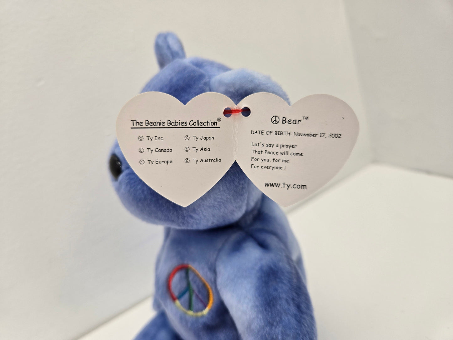 Ty Beanie Baby “Peace” the Blue Bear - Non Coloured Peace Sign! (8.5 inch)