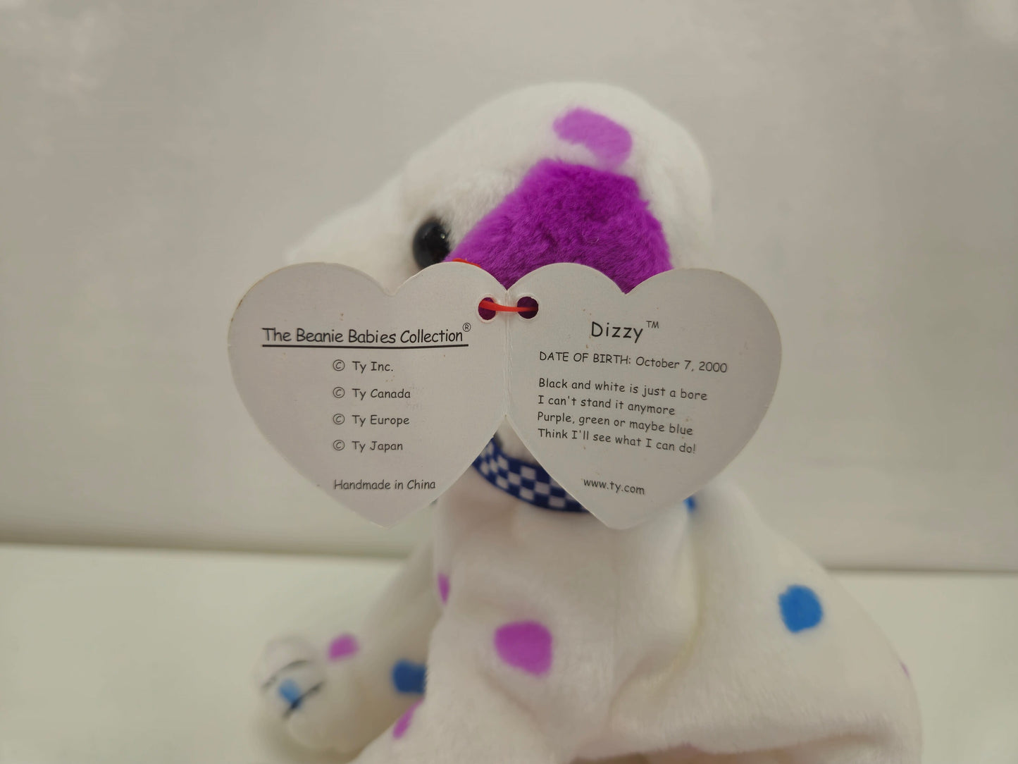 Ty Beanie Baby “Dizzy” the Dalmatian with purple and blue spots - coloured ears version (5.5 inch)