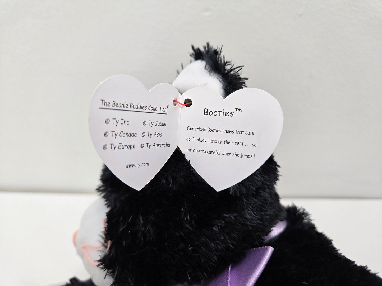 Ty Beanie Buddy “Booties” the Black and White Cat with Purple Bow (13 inch)