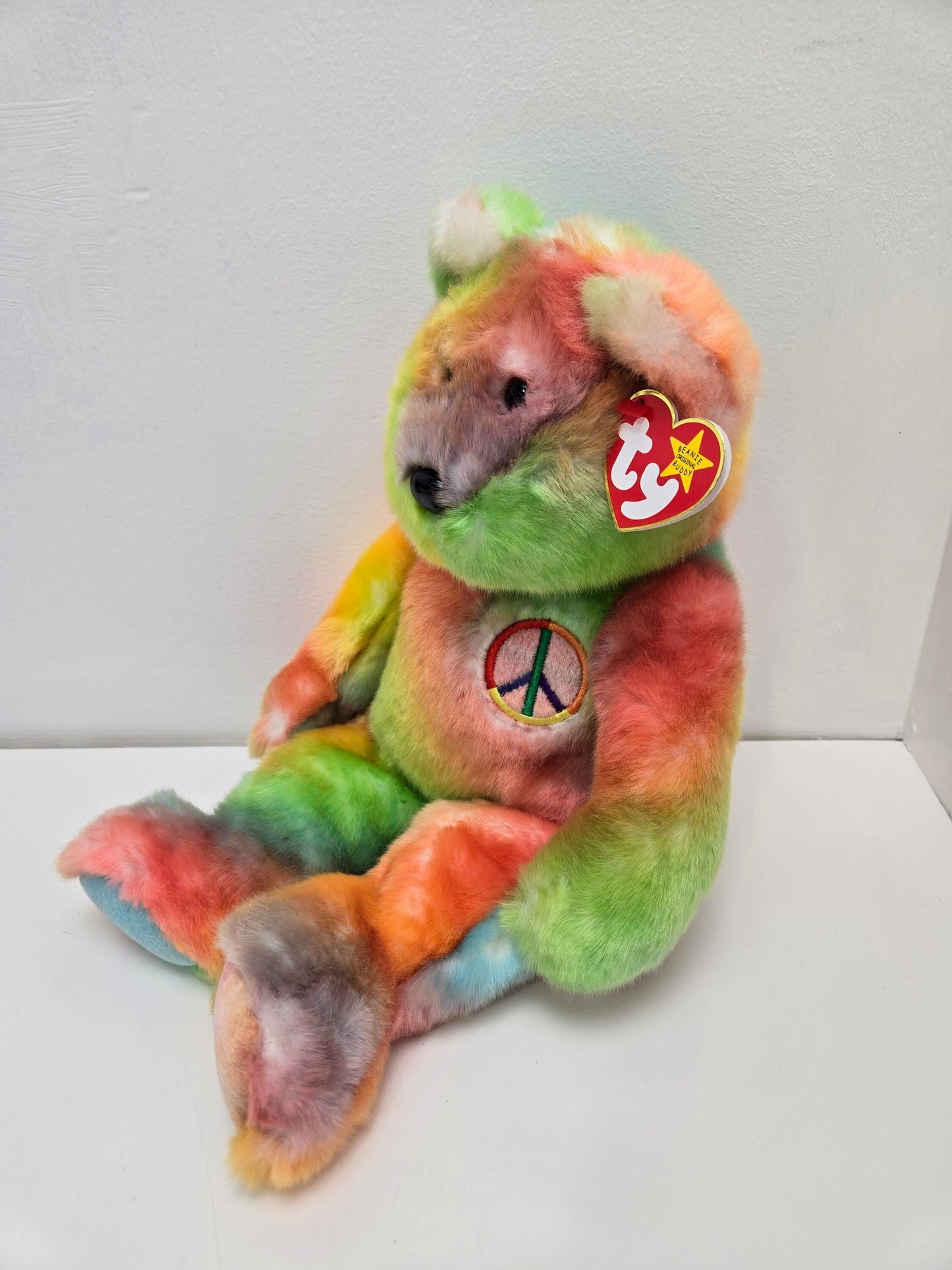 Ty Beanie Buddy “Peace” the Tie-Dye Bear  - Bright version *Exact Colours Vary (14 inch)