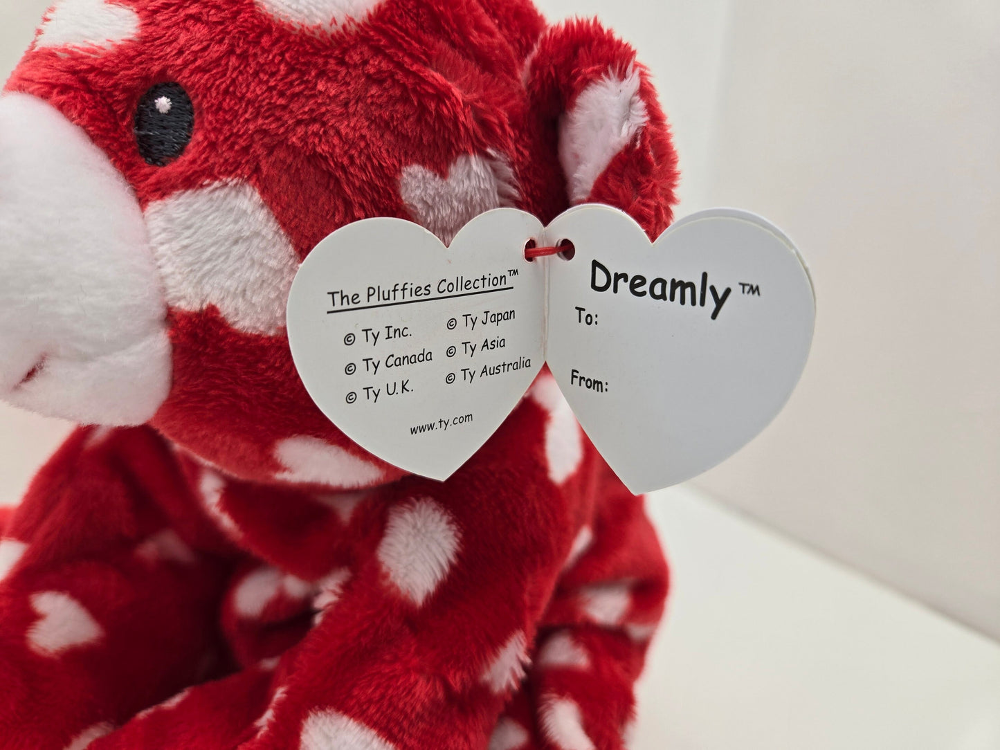 Ty Pluffies Collection “Dreamly” the Red Bear with White Hearts (8 inch)