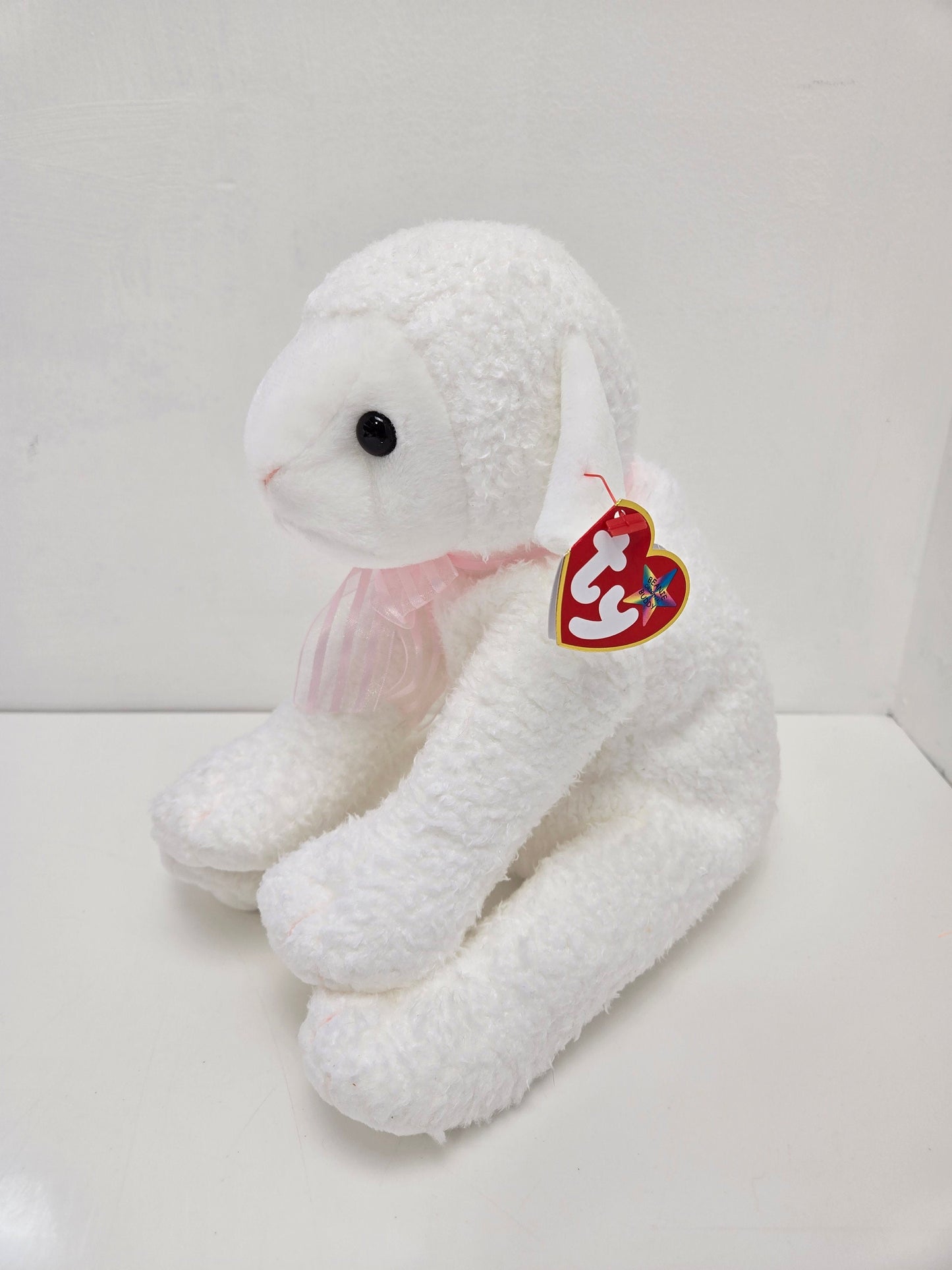 Ty Beanie Buddy “Lullaby” the Adorable White Lamb with Pink Bow *Rare* (12 inch)