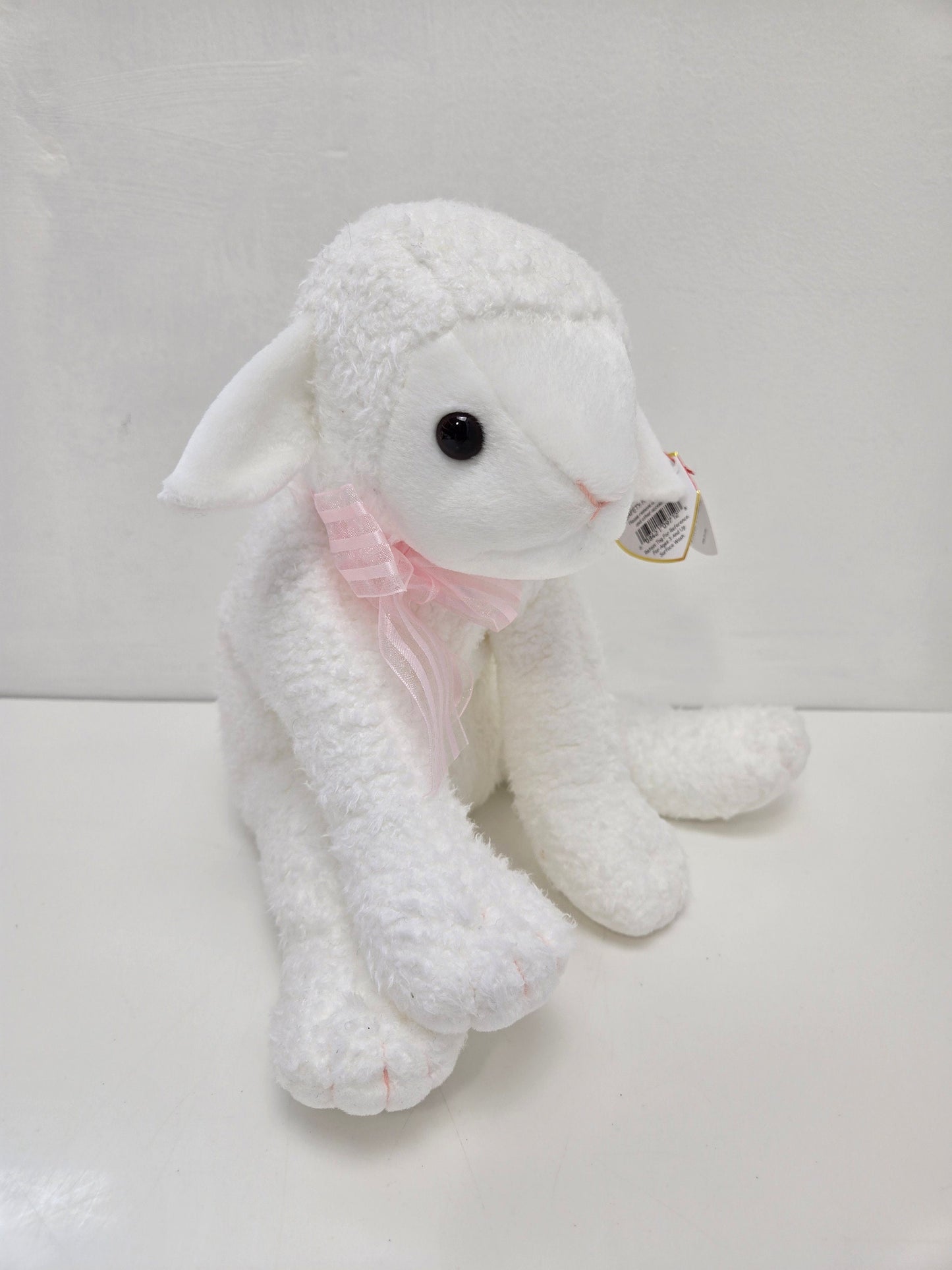 Ty Beanie Buddy “Lullaby” the Adorable White Lamb with Pink Bow *Rare* (12 inch)