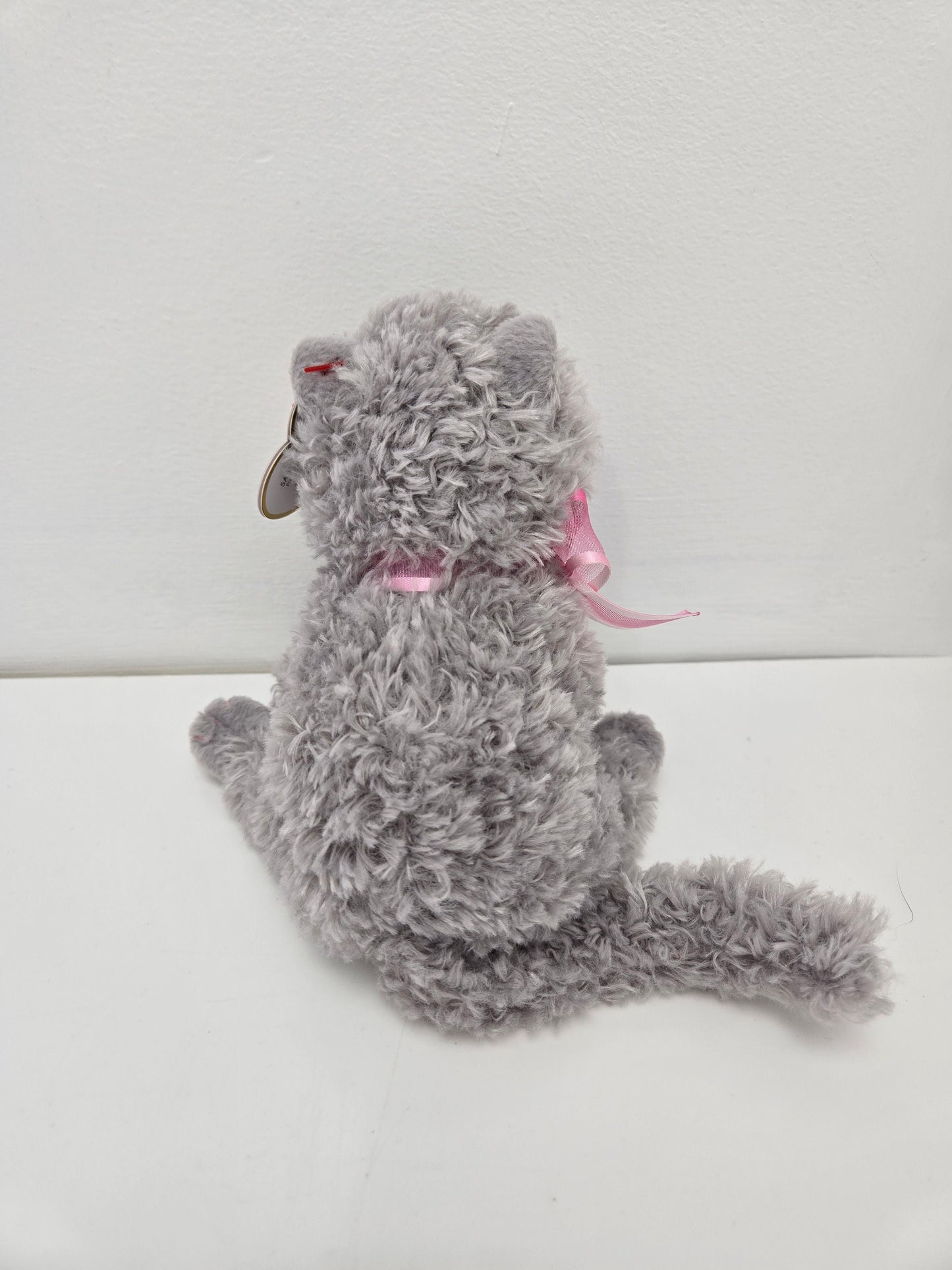 Ty Beanie Baby “Fluff” the Grey Cat  with Pink Bow (7 inch)