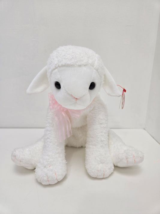 Ty Beanie Buddy “Lullaby” the Adorable White Lamb with Pink Bow *Rare* (12 inch)