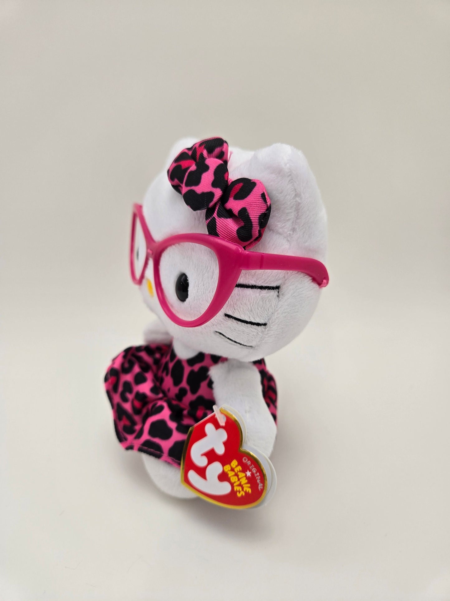 Ty Beanie Baby Vintage “Hello Kitty” wearing Pink Glasses and Pink Leopard Dress (6 inch)