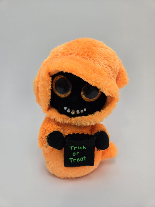 Ty Beanie Boo “Grinner” the Orange and Black Ghoul holding Trick or Treat Bag - No Hang Tag (6 inch)