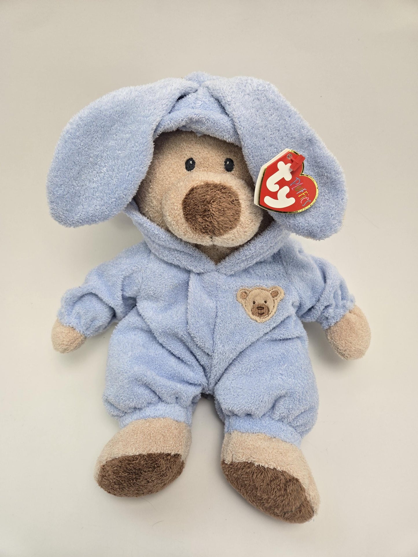 Ty Pluffies “PJ Bear” the Bear with Bunny Ear Blue Pajamas - Non-Removable - *Larger Version* (10 inch)